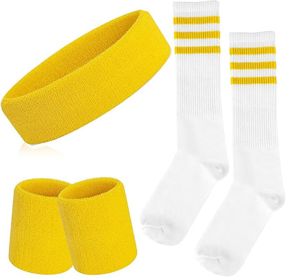 ONUPGO 5 Pieces Sweatbands Striped Socks Set Sports Headband Wristbands High Tube Socks 80s Accessories Costumes