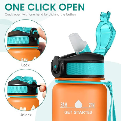 32 oz Motivational Water Bottle with Time Marker,Water Bottles with Times to Drink and Straw with Carrying Strap,Perfect For Fitness Gym Outdoor,BPA Free (Orange & L-Green Gradient)