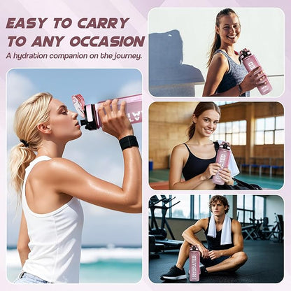 Water Bottle, 32oz Sports Water Bottles with Time Marker Wide Mouth, Motivational and Leakproof Drink Bottle, BPA Free Tritan with Carry Strap for Gym Fitness Outdoor (1 Bottle)