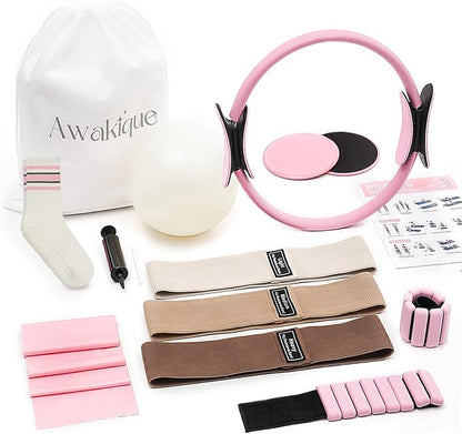 Pilates Kit, Home Pilates Kit with Pilates Ring and Ball Set, 14-Piece Full Body Pilates Equipment Set with Resistance Bands, Sliders, Ankle Weights & Grip Socks for Home Workouts