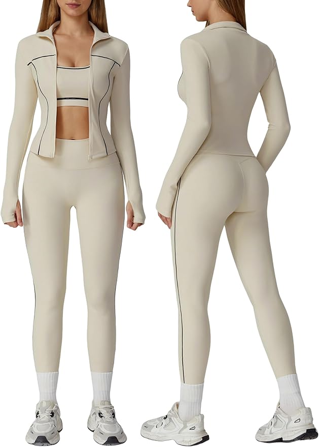 Womens workout sets Contrast Long Sleeve Jacket with Sports Bra and Butt-lifting Pants Yoga Outfits 3 Pieces Set