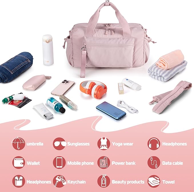 Small Gym Bag for Women, Mini Duffle Bag with Wet Compartment, 12L Travel Carry on Weekender Bag for Sports, Workout and Fitness, Pink