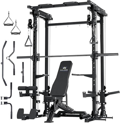 MAJOR FITNESS Drone3 Smith Machine, 2500lbs All-in-One Home Gym Power Rack with Dual Pulley System for Cable Crossover, Pull-Up Bars