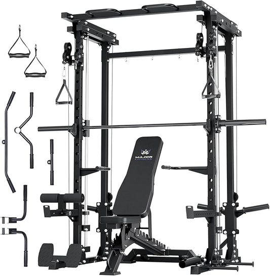 MAJOR FITNESS Drone3 Smith Machine, 2500lbs All-in-One Home Gym Power Rack with Dual Pulley System for Cable Crossover, Pull-Up Bars