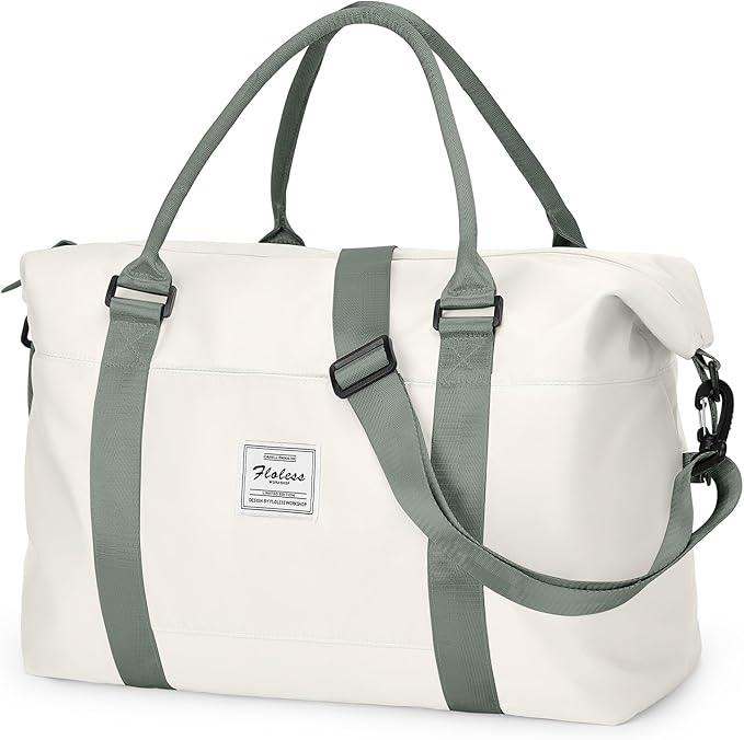 WISEPACK Travel Duffel Bags for Women & Men - Waterproof Weekender, Carry-On, Sports & Gym Bag with Wet Pocket, Overnight & Workout Duffel with Trolley Sleeve - Beige with Green
