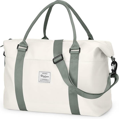 WISEPACK Travel Duffel Bags for Women & Men - Waterproof Weekender, Carry-On, Sports & Gym Bag with Wet Pocket, Overnight & Workout Duffel with Trolley Sleeve - Beige with Green