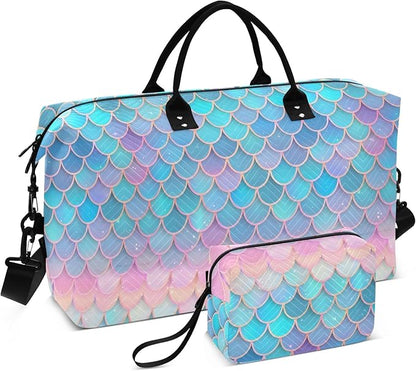 Weekender Bags Travel Duffel Gym Bag Carry on Overnight Tote Bag with Toiletry Bag for Airplane Travel Trip Gym Yoga (Fish Scales Mermaid)