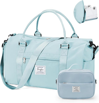 Gym Bag for Women with Shoes Compartment,Small Travel Duffel Bag with Toiletry Bags Sport Tote Overnight Weekender Carry on Personal Item Bags for Airlines Ligh Blue