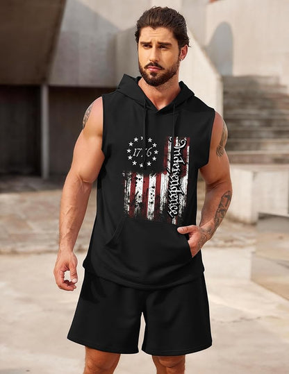 COOFANDY Mens Sleeveless Workout Hoodie Shorts Set 2 Piece Outfits Hooded Tank Tops Gym Tracksuit Sweatsuits