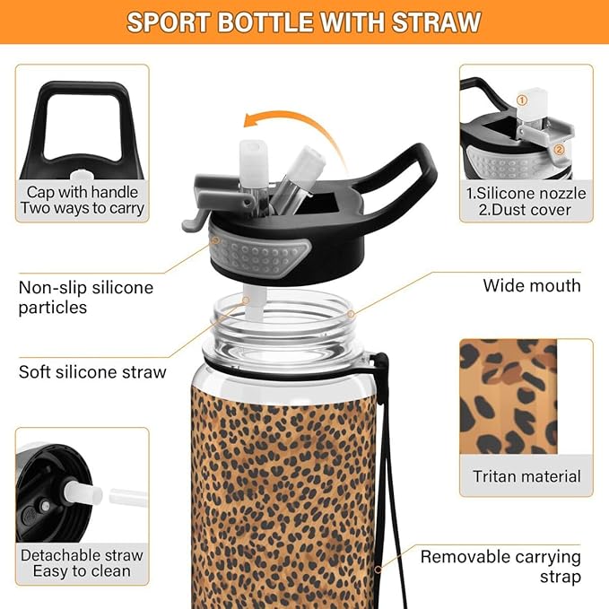 ALAZA Brown Leopard Print Hipster Sports Water Bottle with Straw Tritan Drink Bottle 32 oz BPA Free Reusable for Travel Outdoor Fitness
