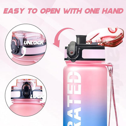 Water Bottle, 32oz Sports Water Bottles with Time Marker Wide Mouth, Motivational and Leakproof Drink Bottle, BPA Free Tritan with Carry Strap for Gym Fitness Outdoor(1 Bottle)