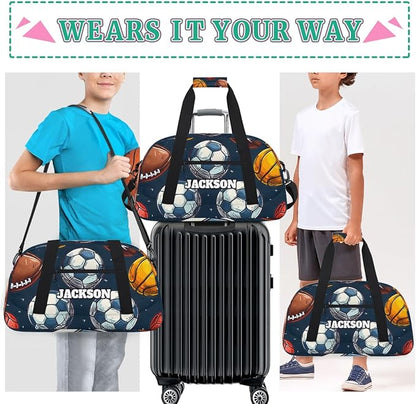 Personalized Boys Soccer Gym Duffel Bags, Custom Name Kids Sport Training Travel Bags for Overnight Weekender,Dark Blue