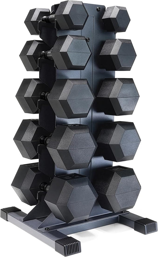 CAP Barbell Rubber Coated Hex Dumbbell Set with Vertical Rack | 100-300 lbs Free Weights Dumbbells Set for Home Gym | Multiple Options