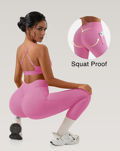 RXRXCOCO 2 Piece Workout Sets for Women Strappy Sports Bra Booty Leggings with Pockets Yoga Gym Outfits