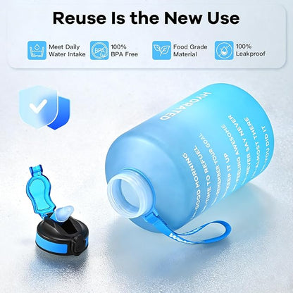 128oz Large Water Bottle with Straw and Time Marker, BPA FREE, 1 Gallon Reusable Motivational Water Bottle, for Gym, Travel, Camping, Hiking (Blue Blue)