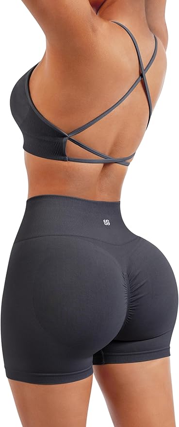 SUUKSESS Women Seamless Workout Sets Strappy Sports Bra High Waist Booty Shorts Outfits