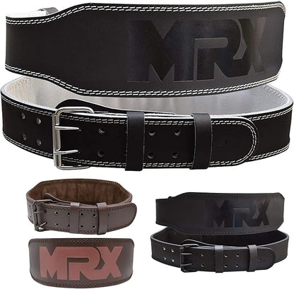 MRX Weight Lifting Belt Genuine Leather - 4 Inches Wide 8mm Thick Padded Lumbar Back Support Double Prong Powerlifting Belts Heavy Duty Deadlifts Workout Squats & Exercise Belt for Men & Women