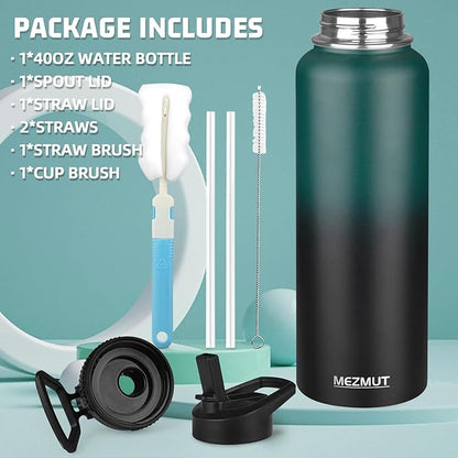 MEZMUT Insulated Water Bottle with Straw&2 Lids 40oz Stainless Steel Water Bottles Metal Water Bottle Double Walled Vacuum Insulated Bottles Thermos Leak-Proof Travel Cup (Gradient Green Black)