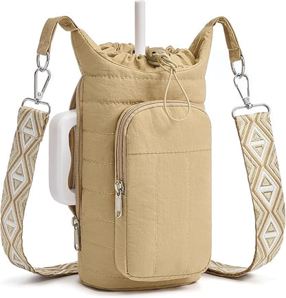 WOOMADA Water Bottle Holder Bag with Strap, 40/32 oz Crossbody Bag Gym Accessories, Sling Purses for Women(Khaki)
