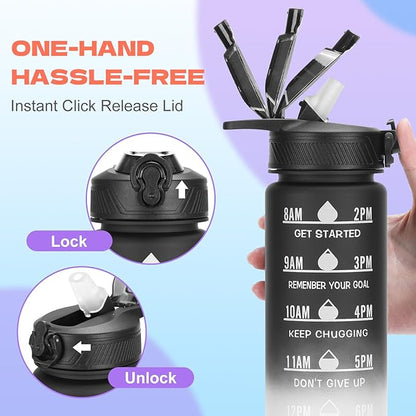 Water Bottle with Straw, 32oz Motivational Water Bottles with Time Marker, LeakProof Tritan BPA Free,Sports Water Bottle with Handle for Women Man Gym Fitness Outdoor (Black)