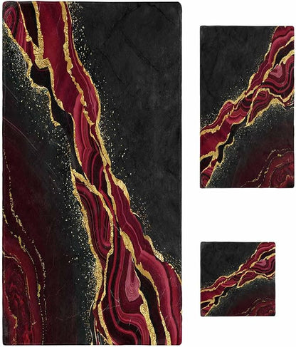 Marble Red Bath Towels for Bathroom Set - Luxury Towels Gifts for Women,Quick Dry Beach Kitchen Hand Hair Face Yoga Workout Gym Towel and Dish Washcloth,Gradient Abstract Modern Minimalist Black Gold