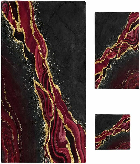 Marble Red Bath Towels for Bathroom Set - Luxury Towels Gifts for Women,Quick Dry Beach Kitchen Hand Hair Face Yoga Workout Gym Towel and Dish Washcloth,Gradient Abstract Modern Minimalist Black Gold