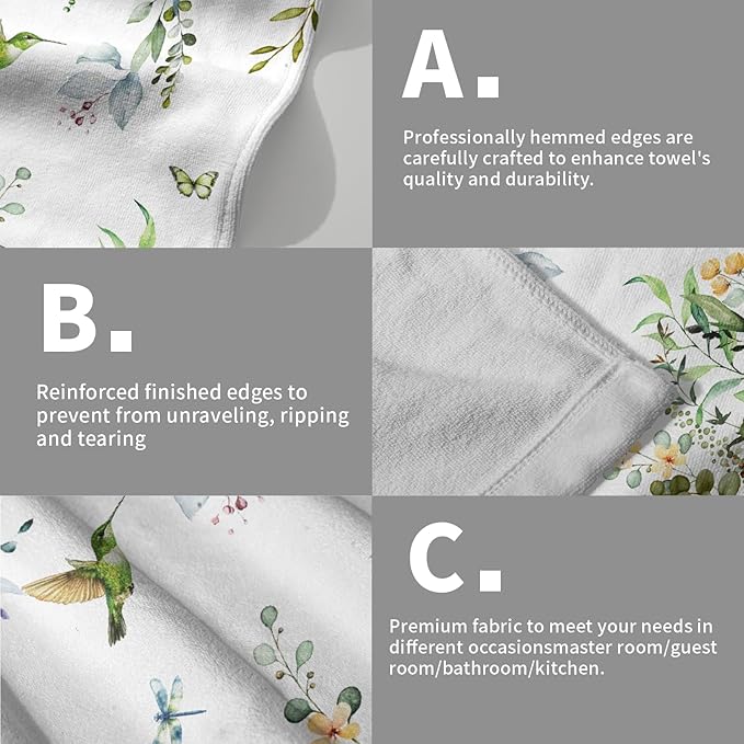 Spring Eucalyptus Leaves Kitchen Towels 14"x28" Set of 2 Green Botanical Humming Bird Decorative Soft Absorbent Hand Towels Summer Holiday Home Decor for Bathroom Gym Spa