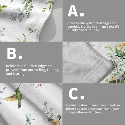 Spring Eucalyptus Leaves Kitchen Towels 14"x28" Set of 2 Green Botanical Humming Bird Decorative Soft Absorbent Hand Towels Summer Holiday Home Decor for Bathroom Gym Spa