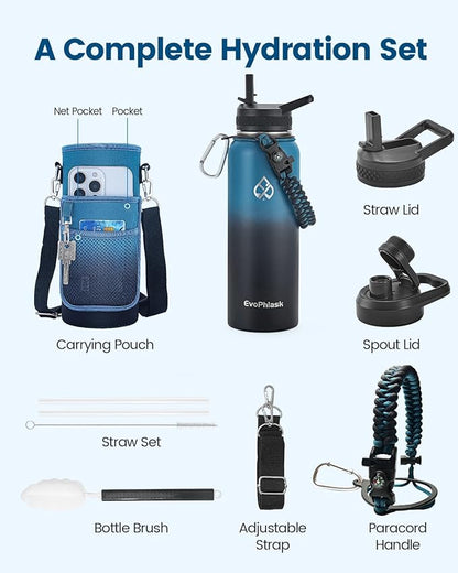 Insulated Water Bottle 40 oz, Vacuum Stainless Steel Water Bottle Keep Cold 48Hrs, Large Metal Water Jug for Travel, Sport, Gym, Hiking with Carrier Bag, Indigo/Black