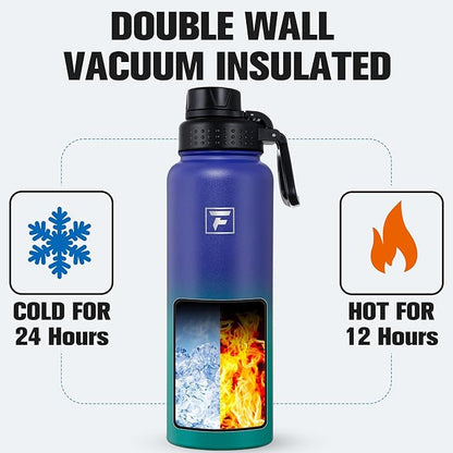 Fanhaw 40 oz Insulated Water Bottle – Stainless Steel Flask with 3 Lids (Straw, Spout, Carabiner) | Durable, Leakproof, for Hiking, Camping, Outdoor Adventures & Travel (Purple Green)