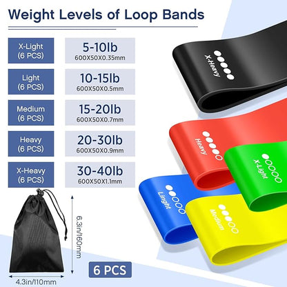 30pcs Loop Resistance Bands for Exercise Bulk, Workout Bands with 6 Drawstring Backpack Bags Elastic Drape Ring Set for Women and Men Home Fitness, Gym, Yoga, Fitness Sport Members Gift