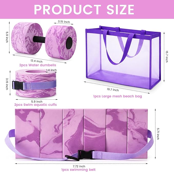 6 Pcs Aquatic Exercise Set Water Aerobics Set Large Mesh Beach Bag Pool Fitness Equipment Foam Water Dumbbell Ankle Swimming Weight Aquatic Swim Belt for Exercise Weight Loss