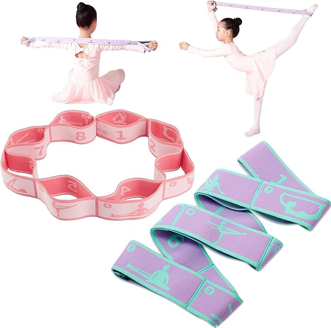 Stretch Straps with Loops for Exercise - 2 Pcs Yoga Stretching Straps for Kids, Elastic Resistance Bands 8 Loops for Dance, Gymnastics, Pilates & Flexibility Training