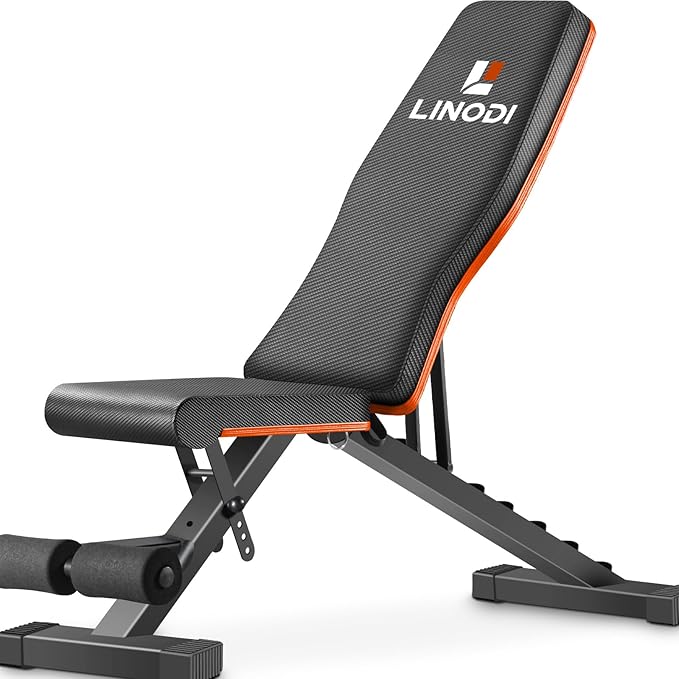 LINODI Adjustable Weight Bench for Home Gym，Foldable Incline Decline Flat Workout Bench for Full Body Strength Training, Dumbbell Press & Ab Exercises