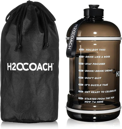H2OCOACH 1 Gallon Hydration Jug with Time Marker & Measurements, BPA-Free Tritan Sports Drink Container, Motivational Daily Intake Tracker for Gym, Workout, & Fitness Routines (128 oz, Black)