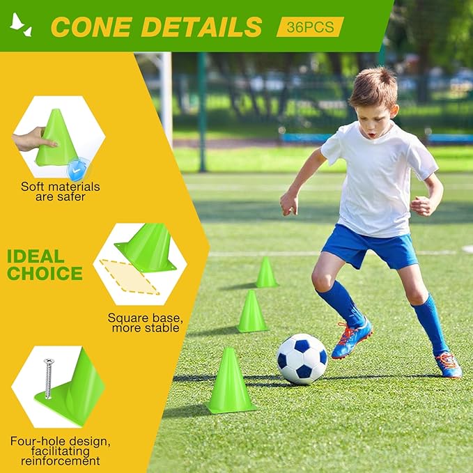 36pcs Cones 7 Inch Soccer Cones and Plastic Traffic Cones, Durable Cones for Sports Training, Ideal for Soccer, Basketball, Football, Skating, and Agility Drills Practice