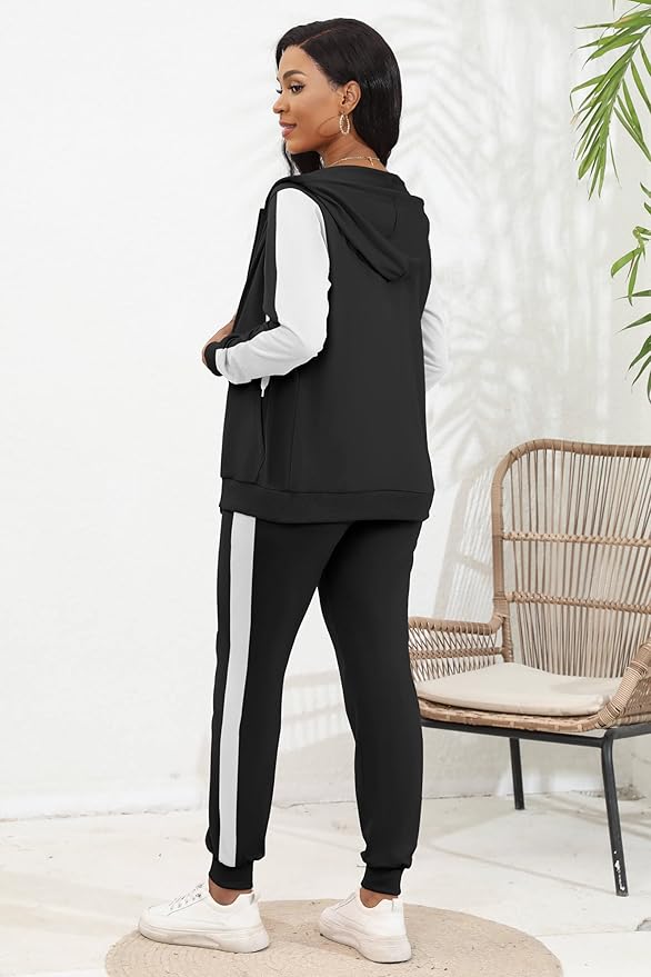 CLOCOR Track Suits for Women Set - Casual 2 Piece Outfits Sweatsuit Pocket Hoodies Long Sleeve with Patchwork Pants Set