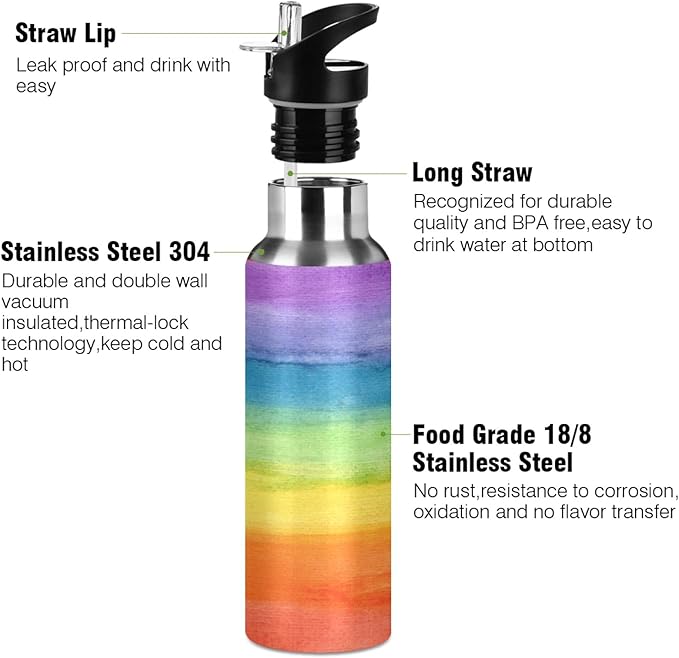 Colorful Stripe Rainbow Water Bottle Vacuum Insulated Stainless Steel Mug Kids Water Bottle with Straw and Handle Keep Hot Cold Sport Bike Fit Travel Outdoor 20 oz
