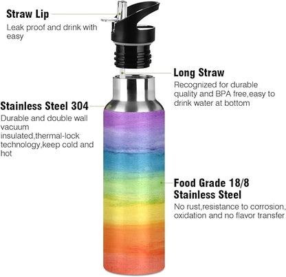 Colorful Stripe Rainbow Water Bottle Vacuum Insulated Stainless Steel Mug Kids Water Bottle with Straw and Handle Keep Hot Cold Sport Bike Fit Travel Outdoor 20 oz