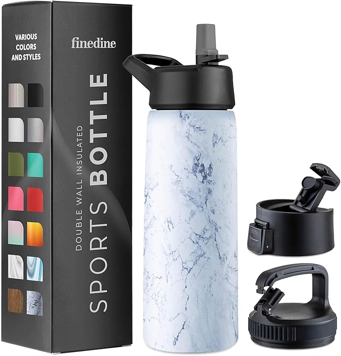 FineDine Triple Walled, Insulated Water Bottles with Straw - 25 Oz Stainless Steel Metal Bottle W/ 3 Leak Proof Lids - For Travel, School, Sports, Gym/Men, Women & Kids - Fresh White Marble