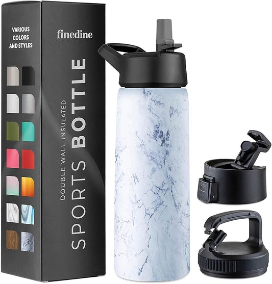 FineDine Triple Walled, Insulated Water Bottles with Straw - 25 Oz Stainless Steel Metal Bottle W/ 3 Leak Proof Lids - For Travel, School, Sports, Gym/Men, Women & Kids - Fresh White Marble