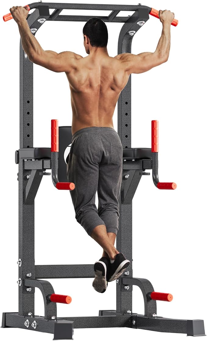 soges Pull Up Bar Dip Station, Power Tower with A Backrest, Adjustable Height Pull Up Bar Stand, Multi-Function Home Gym Strength Training
