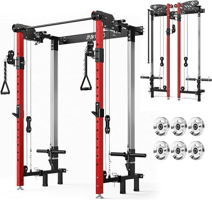 Mikolo Folding Squat Rack, Wall Mounted Power Rack with Cable Crossover Machine & LAT Pull Down, Functional Trainer with 5 Adjustable Function Modes, for Home Gym and Space Saving