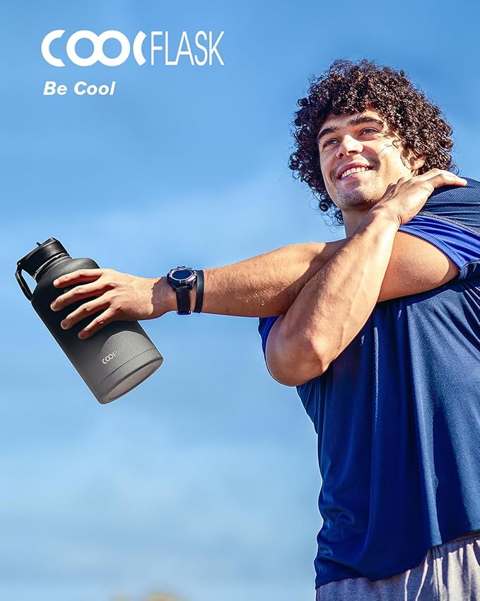 Half Gallon Insulated Water Bottle with Straw & 3 Lids, Coolflask 64 oz Water Jug Large Metal Stainless Steel Wide Mouth for Sports, Gym or Office, Non-BPA Keep Cold 48H Hot 24H, Piano Night