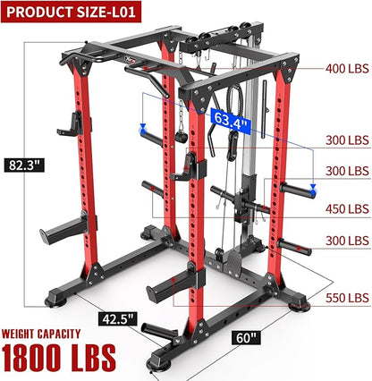 Power Cage Multi-Function Power Rack with Cable Crossover System,1800 LBS Capacity Squat Rack with Weight Bench,for Home Gym