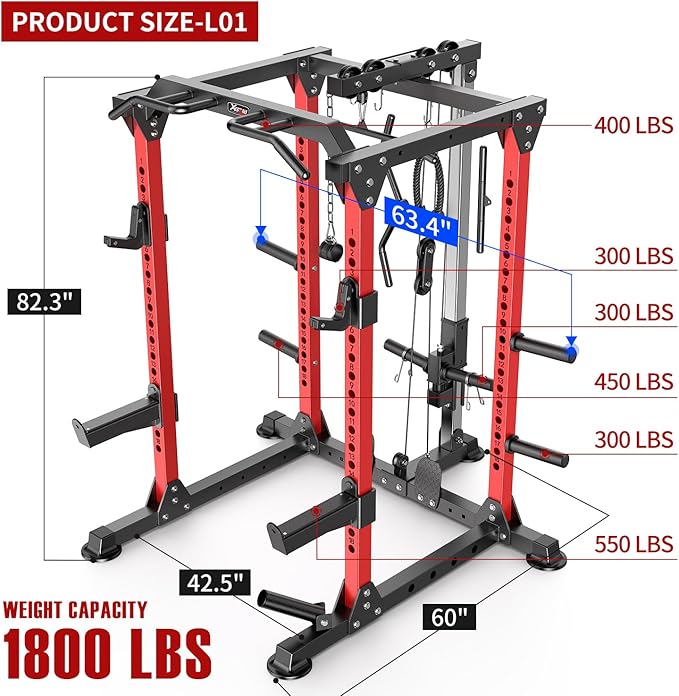 Power Rack Power Cage Multi-Function Squat Rack with Cable Crossover System Selectable More Training Attachment Power Rack for Garage & Home Gym
