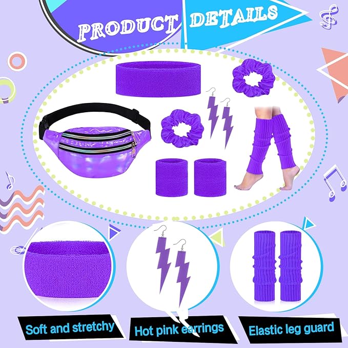 80s Neon Workout Costume Accessories Set 10 PCS Leg Warmers for Women 80s Headband Wristband Fanny Pack for Yoga Running
