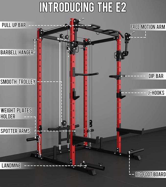 Eonfit E2 Power Cage，1500LB Squat Rack with Cable Crossover System.Multi-Function Power Rack for Home Gum.All-in-One Squat Rack with More Training Attachments
