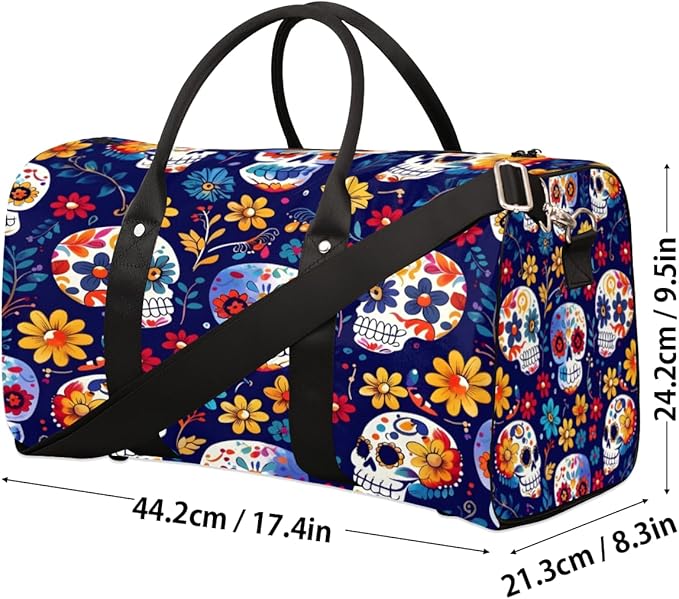 Travel Duffel Bag Skull Flower Colorful Sport Tote Gym Bag Waterproof Foldable Carryon Weekend Overnight Training Handbag Sports Duffle Bags for Women Men Boys Girls