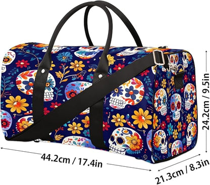 Travel Duffel Bag Skull Flower Colorful Sport Tote Gym Bag Waterproof Foldable Carryon Weekend Overnight Training Handbag Sports Duffle Bags for Women Men Boys Girls